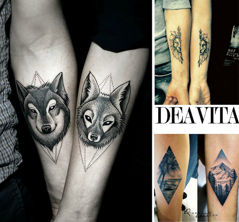 tatouage-couple-noir-gris-dotwork-géometriqe-avant-bras