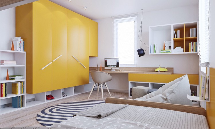 chambre-enfant-design-couleurs-jaune-blanc-mobilier-scandinave