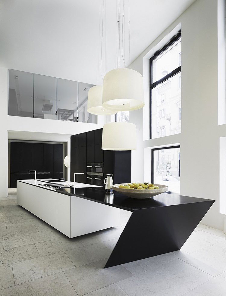 cuisine moderne en noir-blanc-style-minimaliste-îlot-futuriste