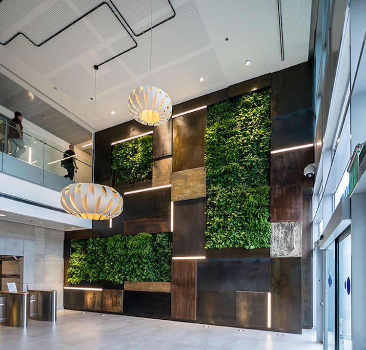 idee-deco-bureau-mur-vegetal-panneaux-bois-bandes-lumineuses