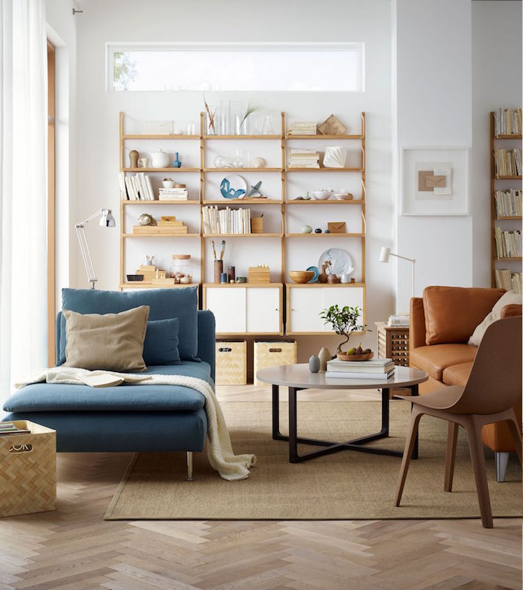 idée-déco-catalogue-IKEA-2018-salon-chaise-longue-étagère-rangement