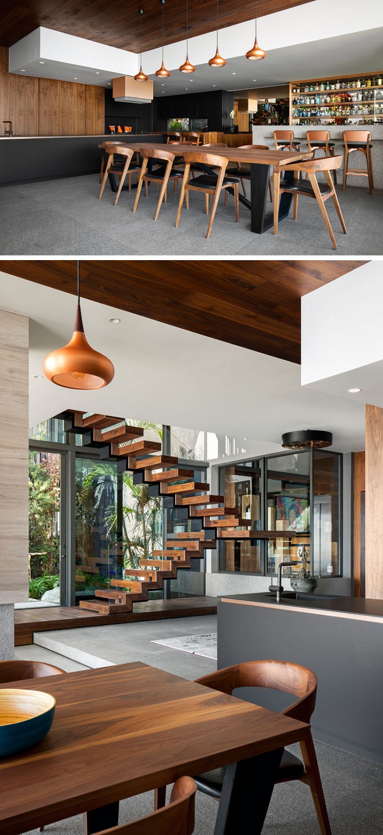 maison-moderne-contemporain-cuisine-salle-à-manger-escalier-en-bois-meubles-en-bois
