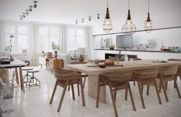 salle-manger-bois-moderne-grande-table-bois-massif-chaises-bois-suspensions-métal