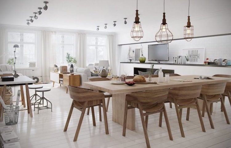 salle à manger bois moderne grande-table-bois-massif-chaises-bois-suspensions-métal