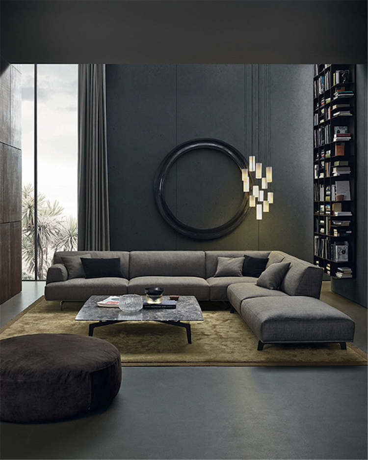 salon-moderne-noir-canapé-angle-gris-luminaires-déco
