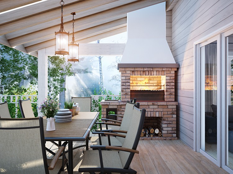 terrasses modernes aménagement-maison-cheminée-revêtement-en-bois