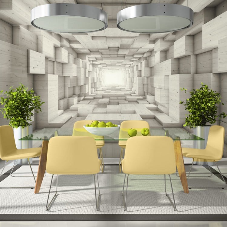 trompe-l’œil-mural-3D-idée-originale-salle-à-manger-meubles-jaunes
