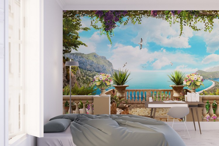 trompe-l’œil-mural-chambre-à-coucher-nature-plage-idée-originale