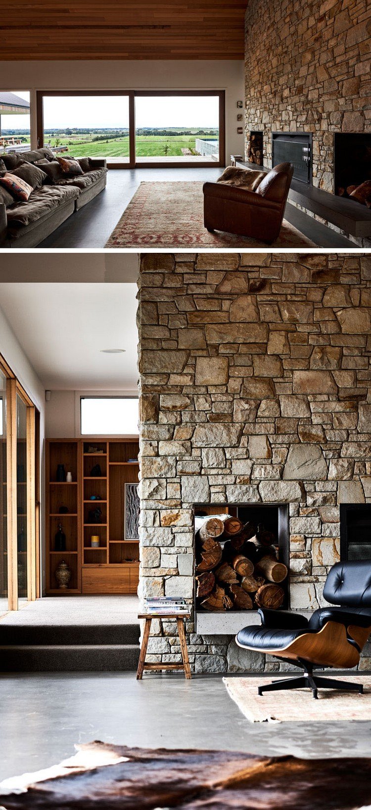 Aménagement intérieur maison pierre bois style contemporain ranch américain