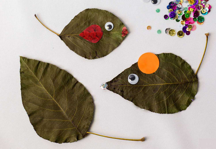 activités avec feuilles d'automne maternelle bourtons souris poisson
