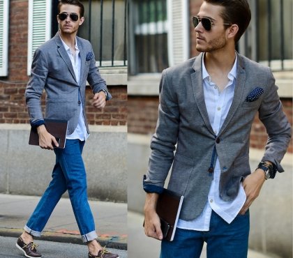 blazer gris jean droit bleu chemise blanche