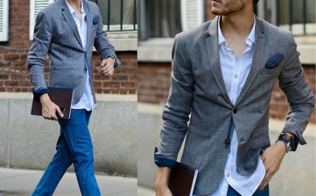 blazer gris jean droit bleu chemise blanche