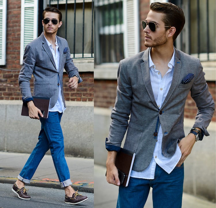 blazer gris jean droit bleu chemise blanche