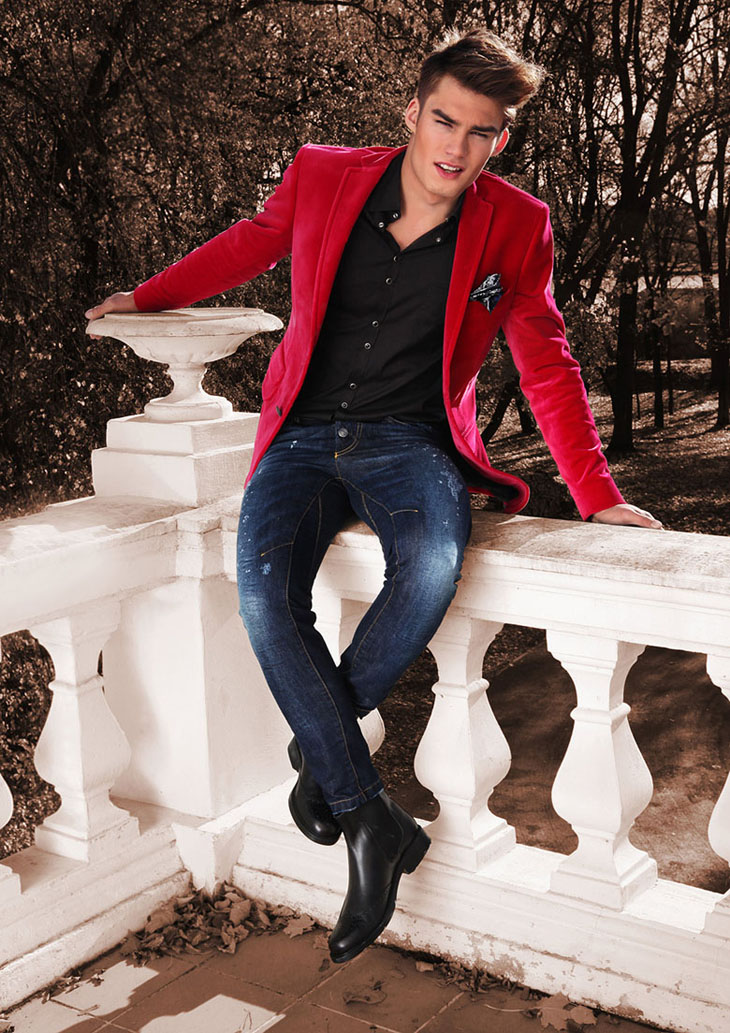 blazer homme rouge chemise noire blue jean