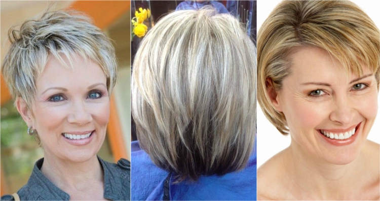 Short haircut for women over 50 with subtle blonde highlights
