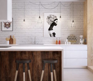 cuisine blanche et bois foncé mur brique suspensions