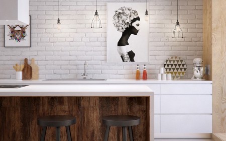 cuisine blanche et bois foncé mur brique suspensions