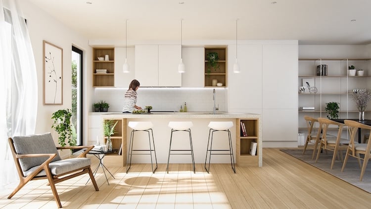 cuisine blanche scandinave moderne meubles bois blanc plancher bois éclairage indirect