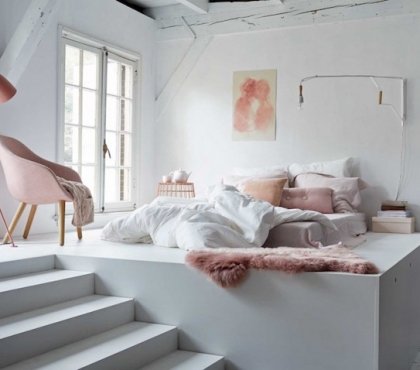 déco chambre adulte blanc rose pastel lit surélevé plate-forme