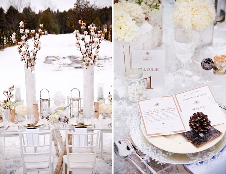 décoration table mariage hiver compositions fleurs coton pommes pin flocons neige déco