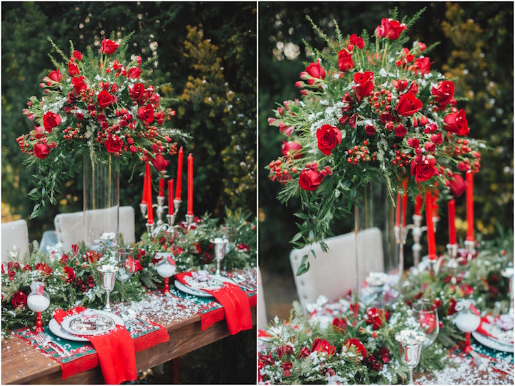décoration table mariage hiver compositions roses rouges chandelles branches sapin