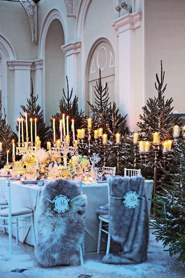 décoration table mariage hiver glamour bougies chandelles neige artificielle