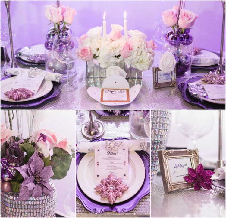 décoration table mariage hiver insolite hortensias blancs roses nappe paillettes boules sapin