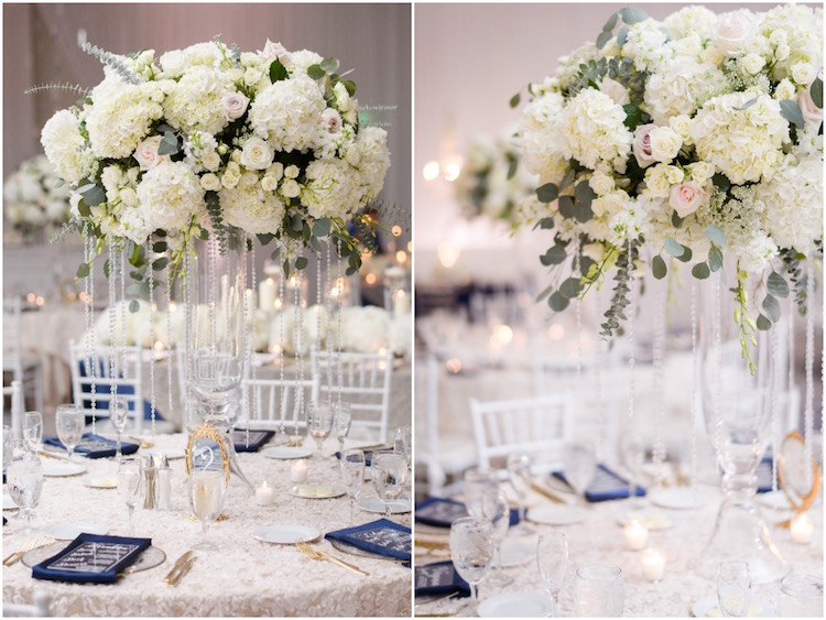 décoration table mariage hiver romantique composition hortensias blancs roses blanches pampilles accents bleu or