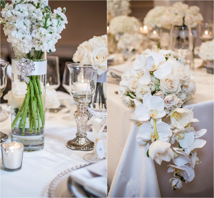 decoration table mariage hivernale compositions florales roses orchidées blanches accessoires bling bling