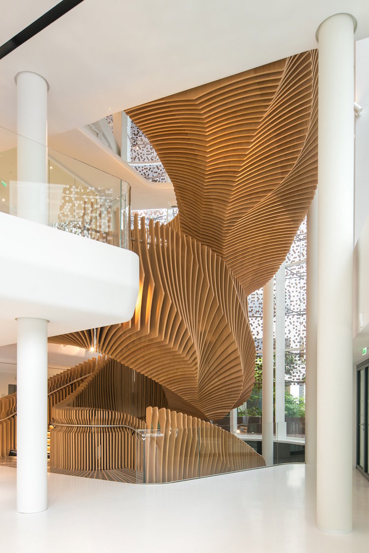 escalier colimacon design bois point focal batiment bureaux