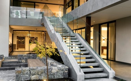 escalier extérieur béton ultra moderne jardin