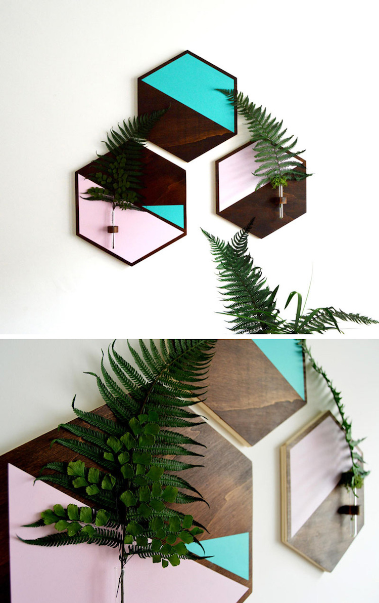 idees DIY vase mural support bois hexagone fougère