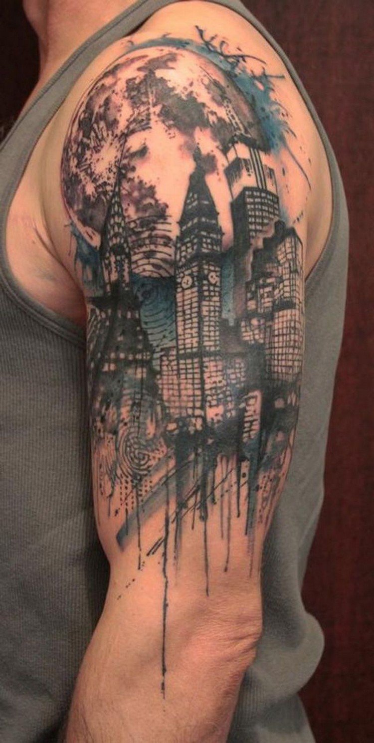 idée tatouage homme bras inkage très cool motif de la ville