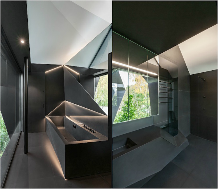 salle de bain design futuriste éclairage indirect barres lumineuses déconstructivisme