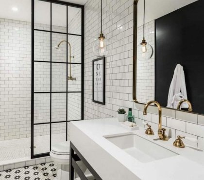 salle de bain noir et blanc paroi douche style verrière