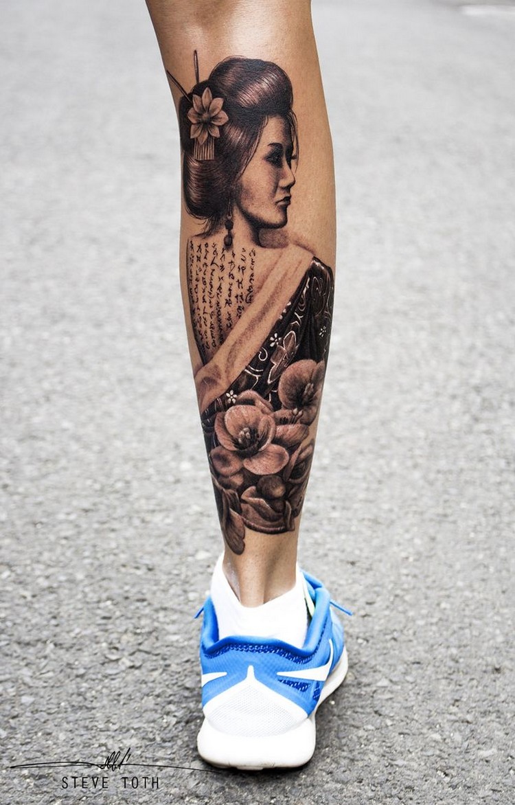 tatouage jambe femme motif asiatique sur le mollet