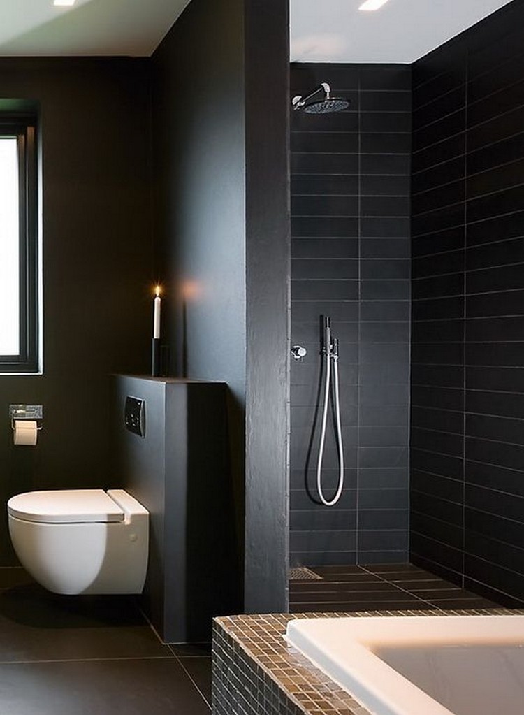 toilettes suspendues style contemporain salle bain blanche noire