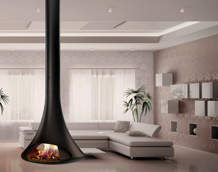 cheminée suspendue moderne au foyer ouverte