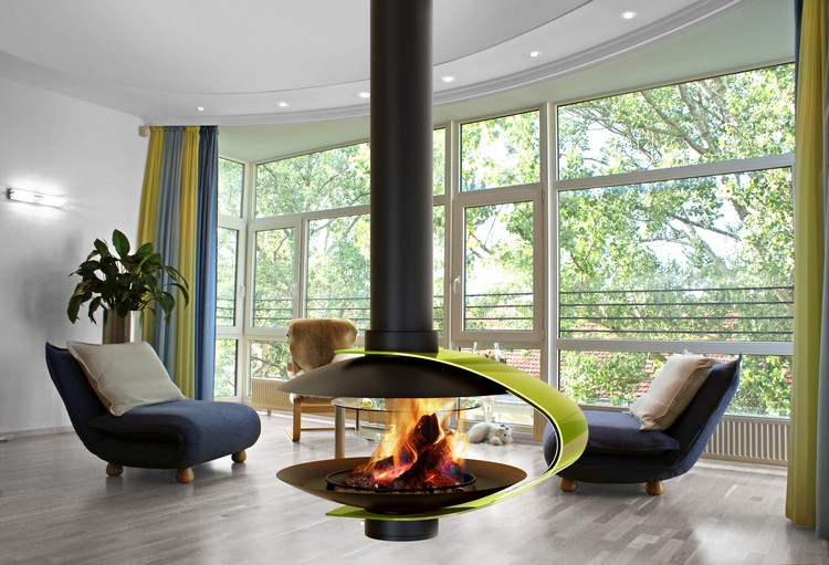cheminée suspendue moderne foyer ouvert au bois design sophistiqué