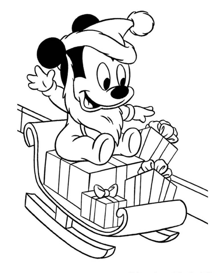 coloriage de Noël à imprimer Disney bébé Mickey luge