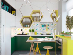 cuisine blanche armoires vert emeraude etageres hexagonales