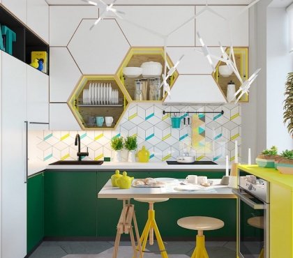 cuisine blanche armoires vert emeraude etageres hexagonales