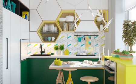 cuisine blanche armoires vert emeraude etageres hexagonales