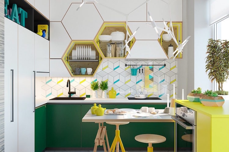 cuisine blanche armoires vert emeraude etageres hexagonales