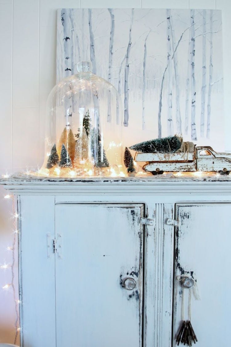 decoration de Noel cloche en verre petits sapins decoratifs guirlande lumineuse