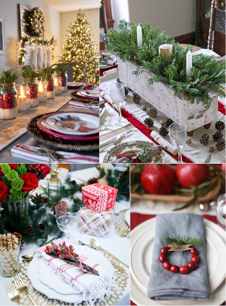 déco table Noël traditionnelle blanc branches sapin baies rouges