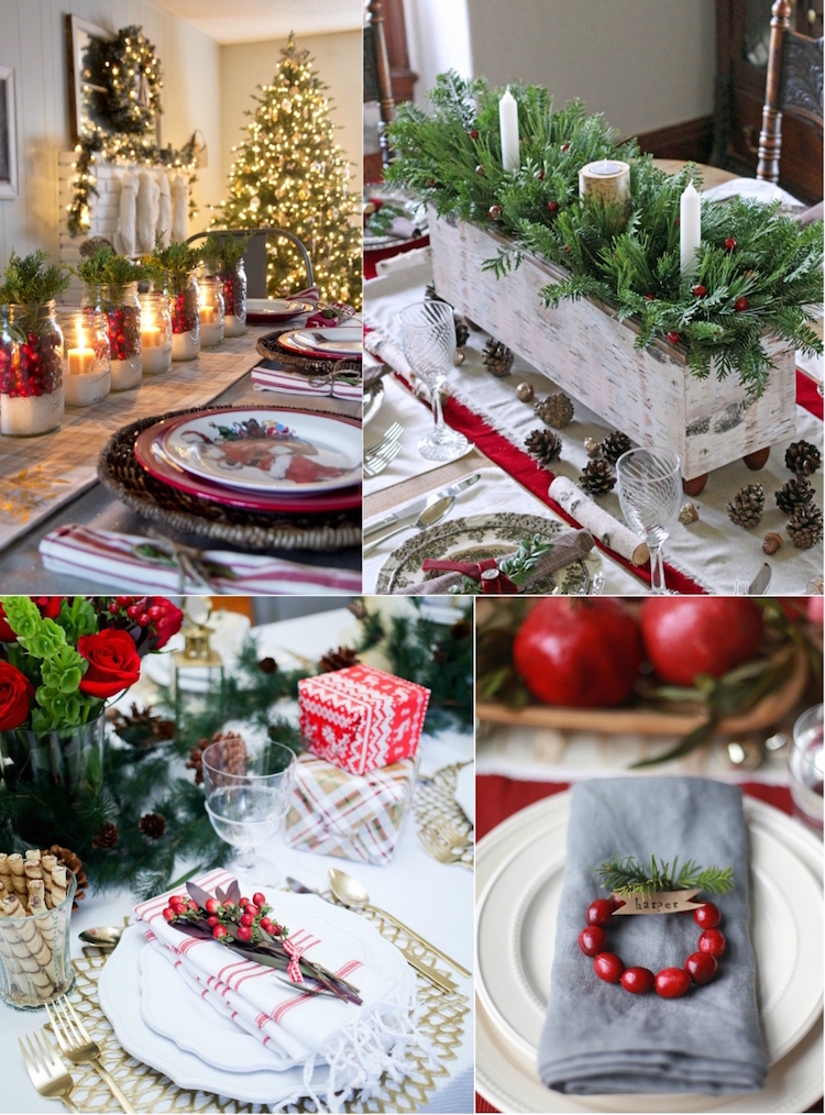 décoration de table Noël blanc branches sapin baies rouges