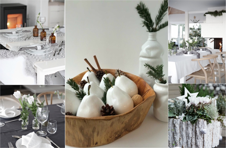décoration de table Noël chic blanche accents gris bois naturel