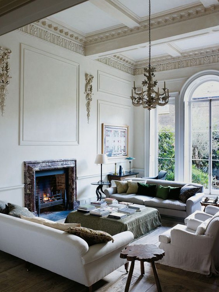 décoration style anglais appartement Londre lustre canapé blanc mobilier vintage