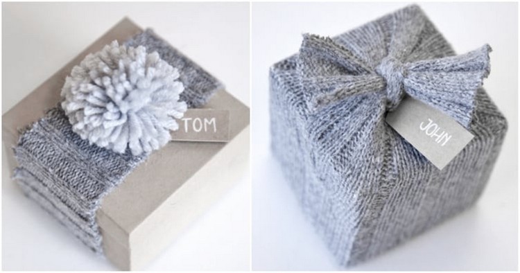 emballage cadeau original pour Noël 2017 en tissu gris idée déco fête